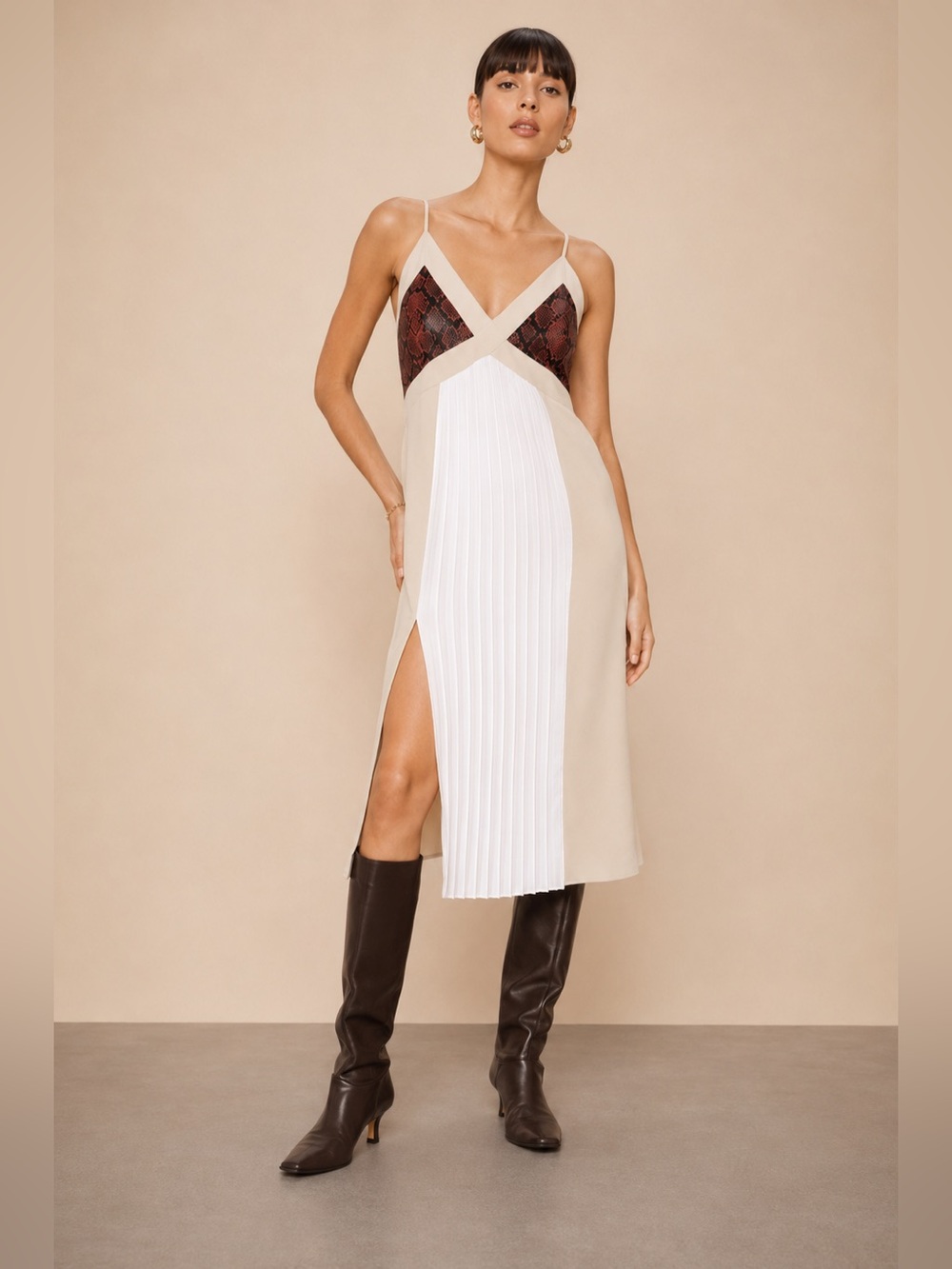 Zara Colorblock Snake Print Pleated Midi Dress – Size Small